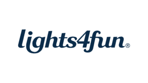 Lights4fun logo with registered trademark in dark blue italic text