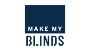 Logo for Make My Blinds in dark blue with bold text.