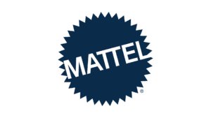 Mattel logo on dark blue circular badge with spiky edges