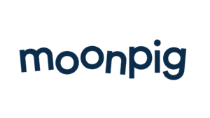 Moonpig brand logo in dark blue with decorative dot design