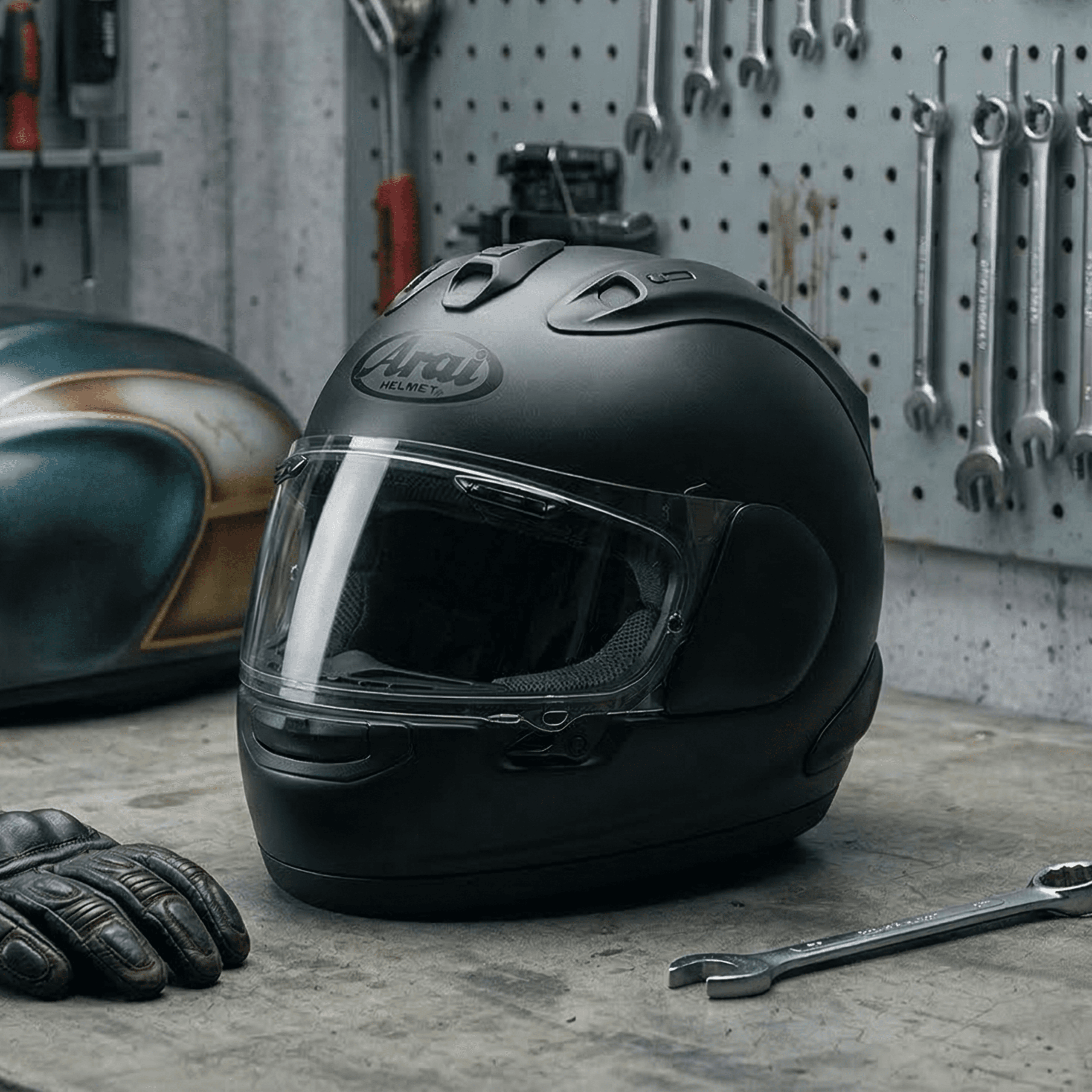 Motorcycle helmet and protective gloves displayed in garage workshop