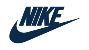 Nike logo with italic wordmark and swoosh in navy blue
