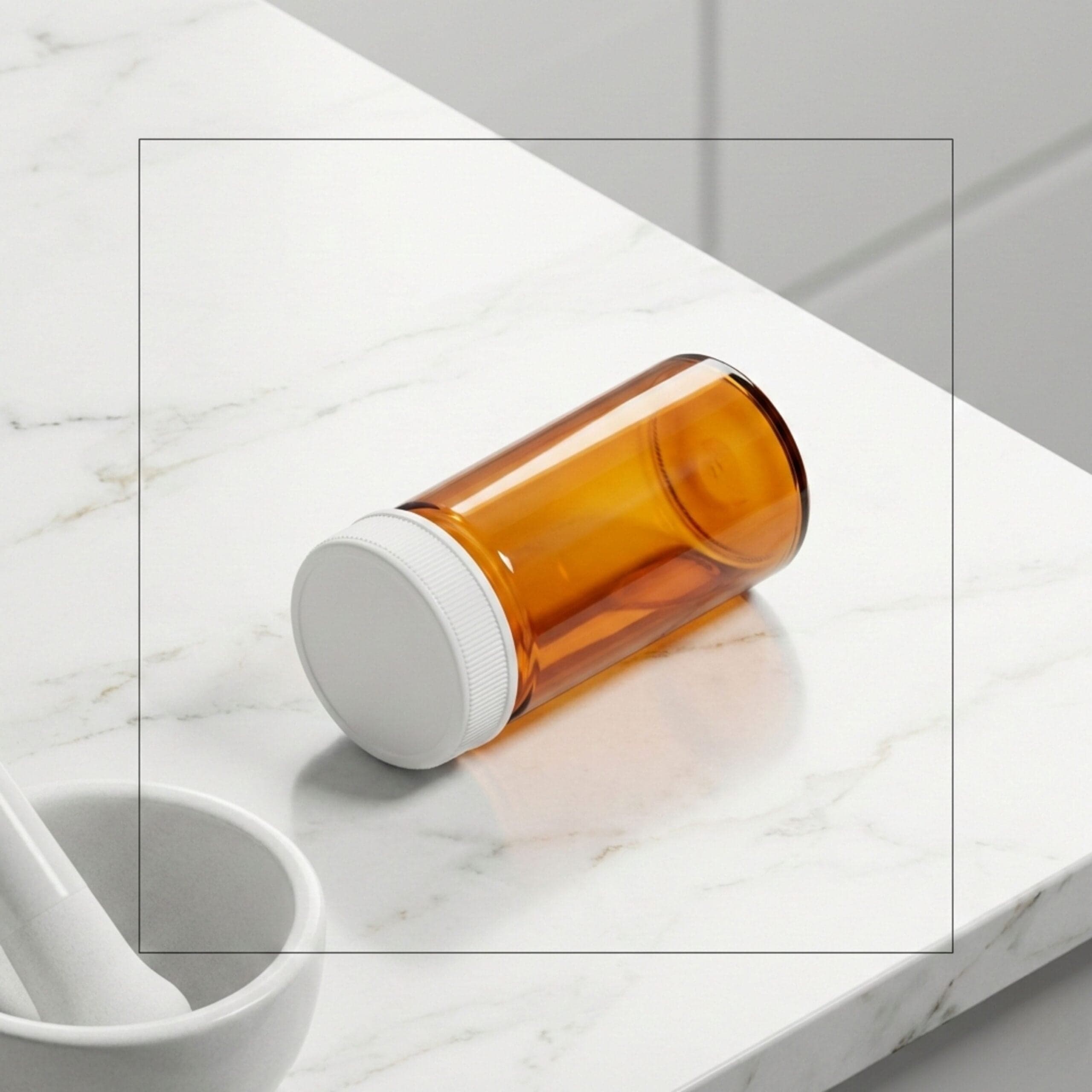 Amber pill bottle with white cap on marble countertop in pharmacy setting