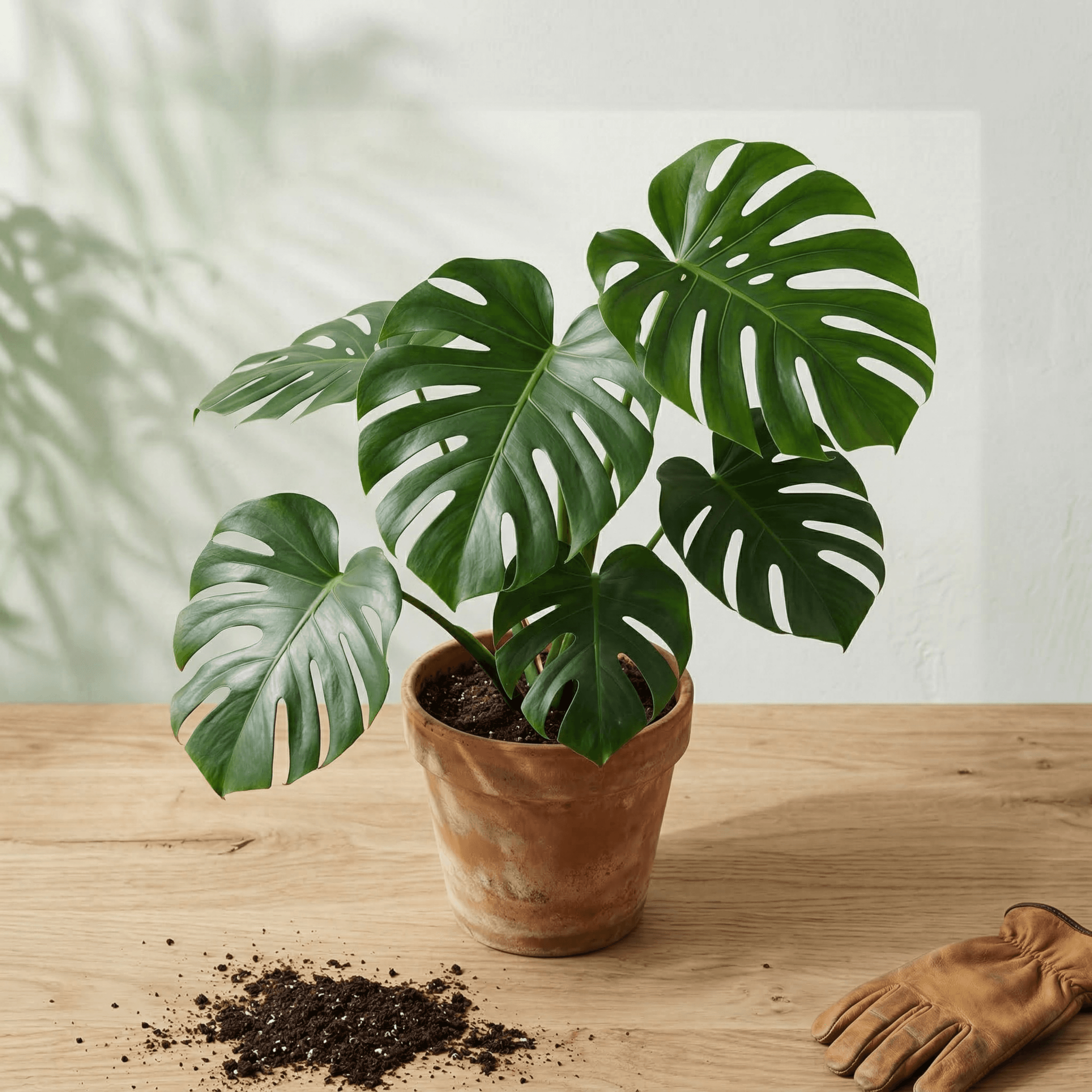 Indoor Monstera plant with split leaves in terracotta pot next to soil and gardening tool