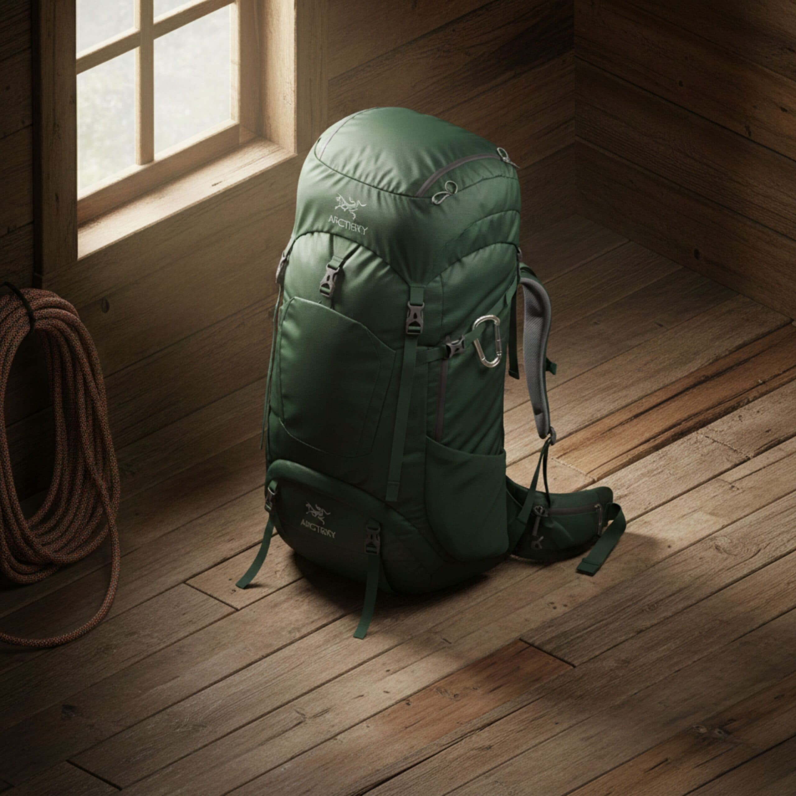 Green hiking backpack on wooden floor next to window, showcasing outdoor gear for adventurers.