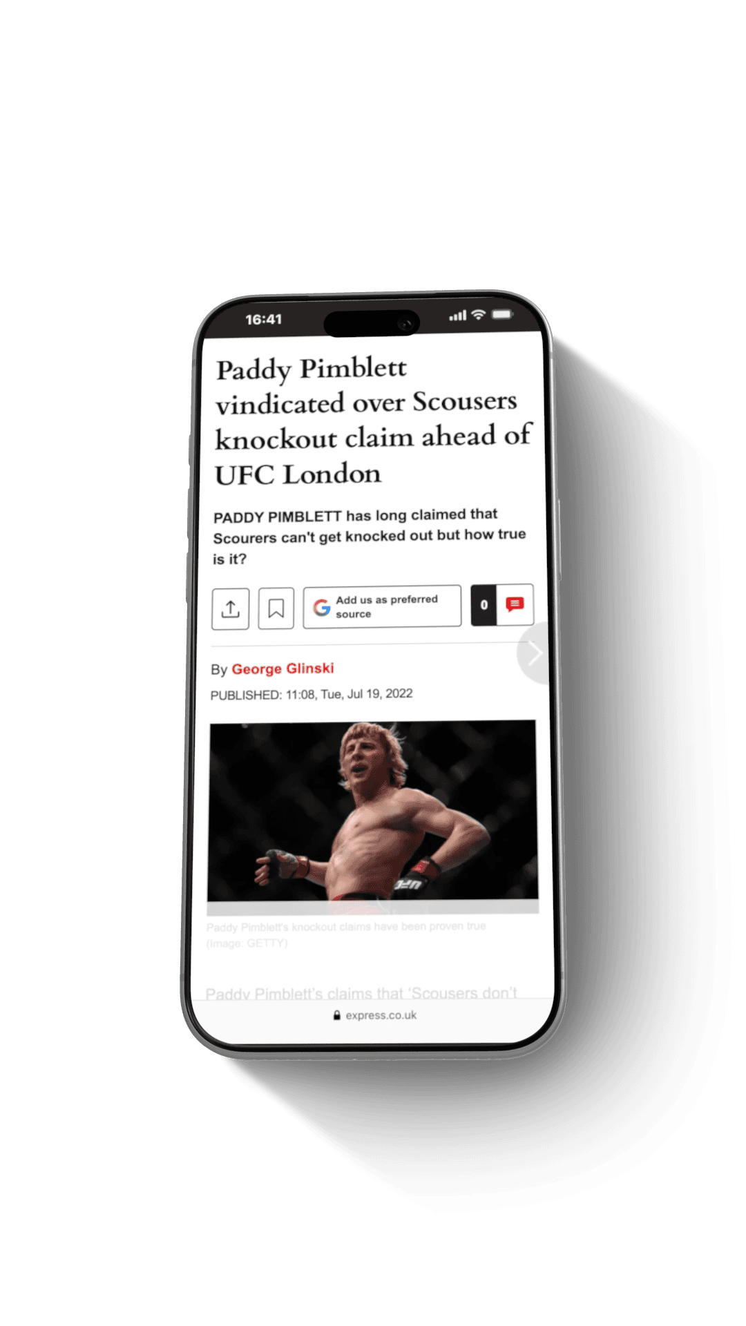 Smartphone displaying sports article about Paddy Pimblett UFC London knockout claim