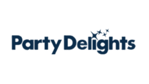 Party Delights logo featuring navy text and decorative sparkle icons