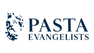 Pasta Evangelists logo featuring stylized portrait and navy brand text