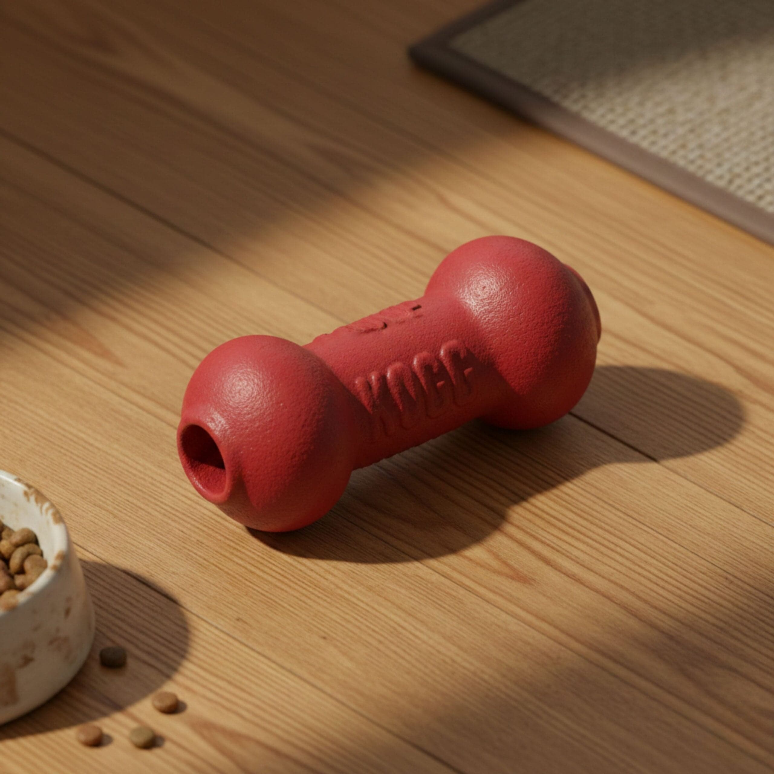 Red dog chew toy shaped like a bone on wooden floor near dog bowl with kibble.