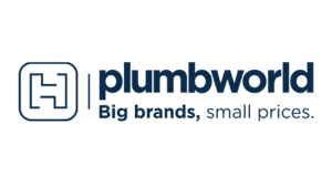 Plumb World logo featuring plumbing pipes icon and Big brands small prices tagline