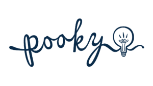 Pooky logo with handwritten navy text and lightbulb icon