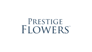 Prestige Flowers luxury florist logo in dark blue serif