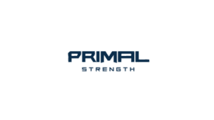 Primal Strength logo in navy blue lettering on white background