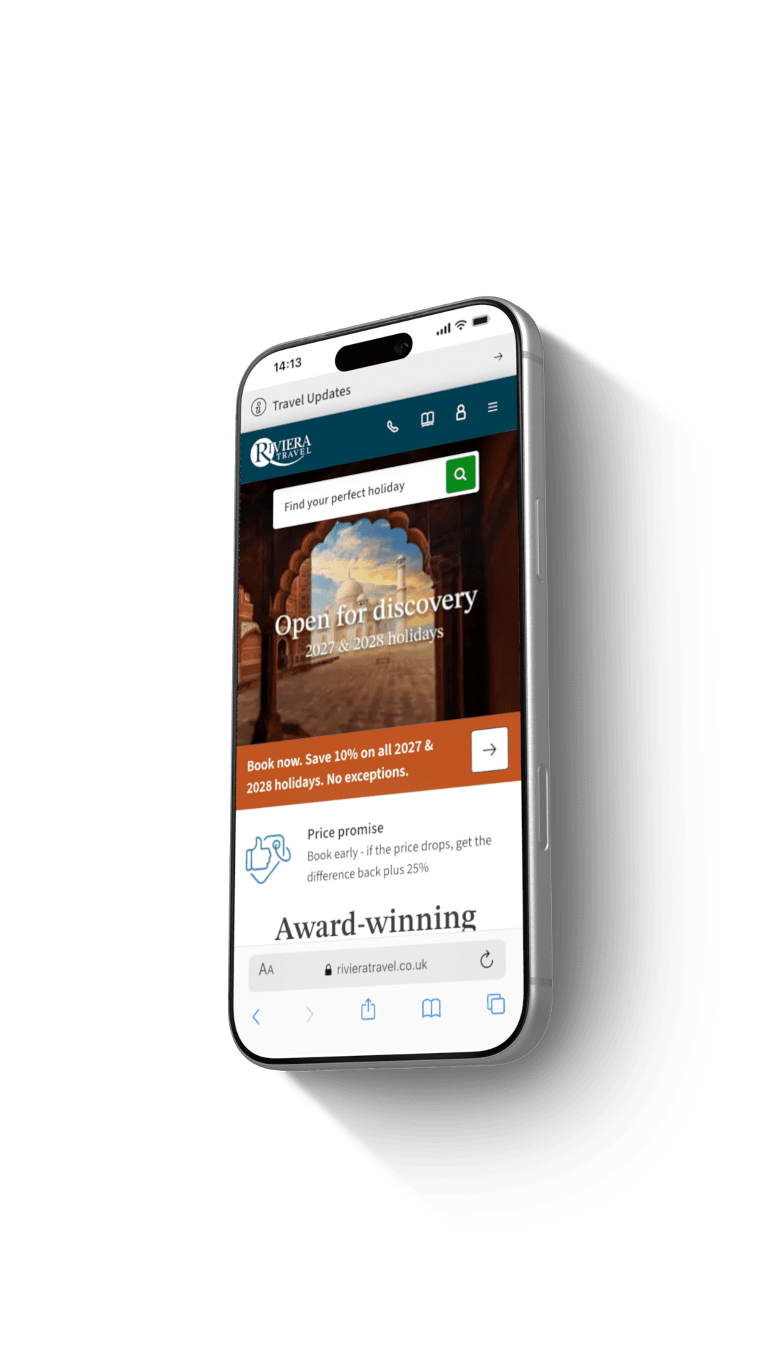 Smartphone displaying Riviera Travel website homepage with holiday deals and search bar.