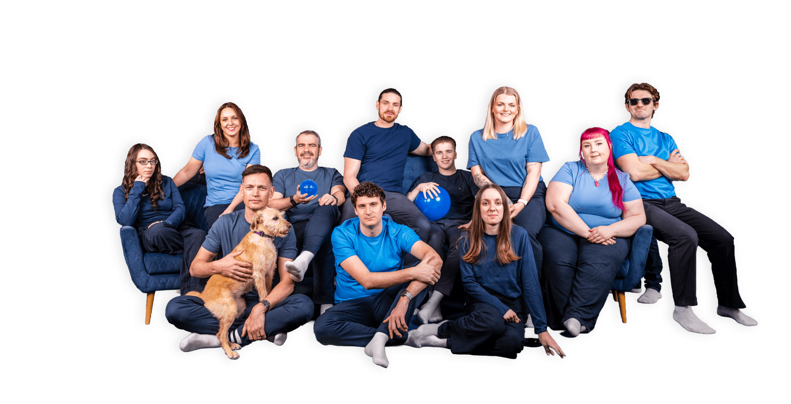 Salience search marketing team posing together in blue shirts