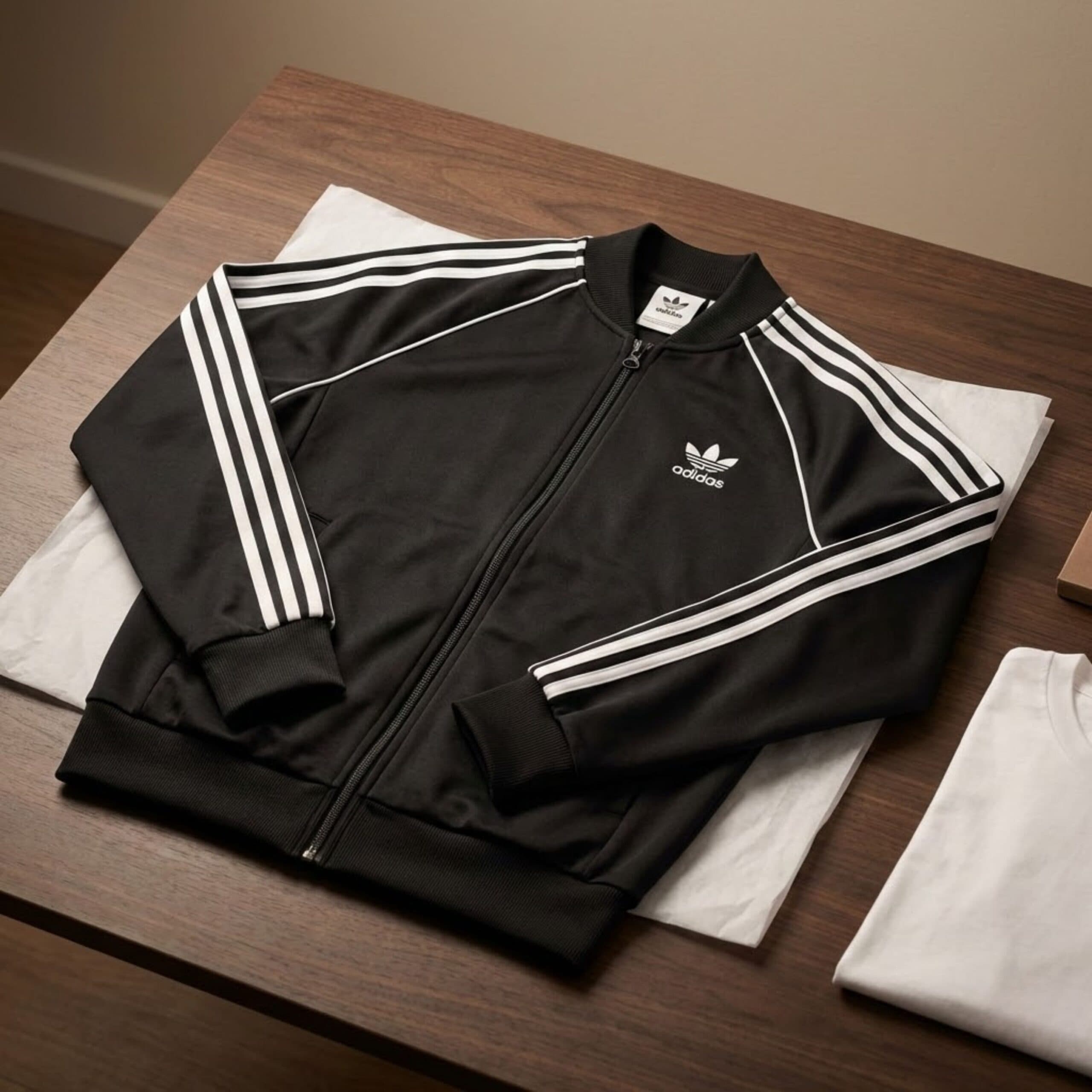 Black Adidas track jacket with white stripes and logo on a wooden table next to a folded white t-shirt.