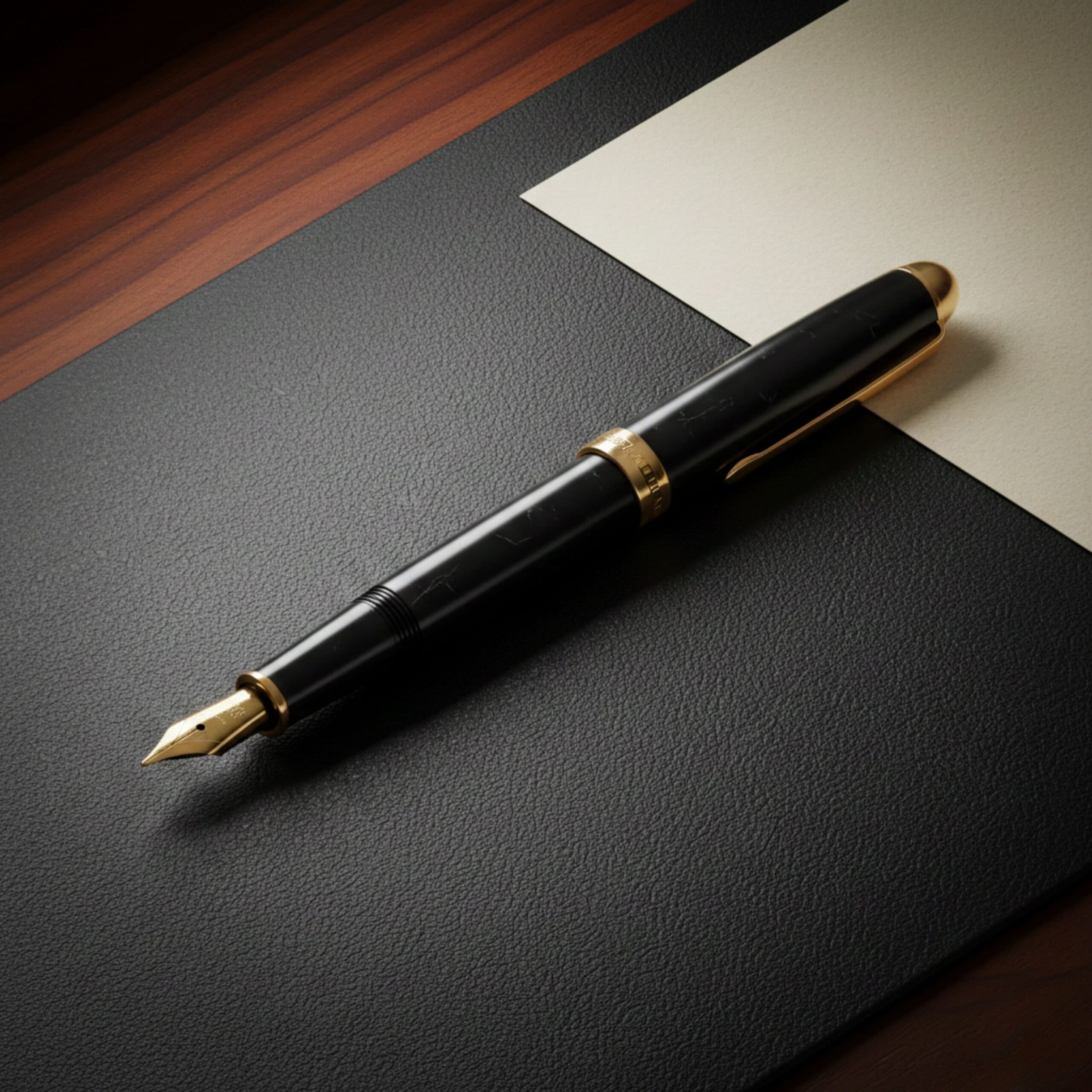 Elegant black fountain pen on a textured surface with a gold trim and paper nearby, ideal for professional writing tasks.