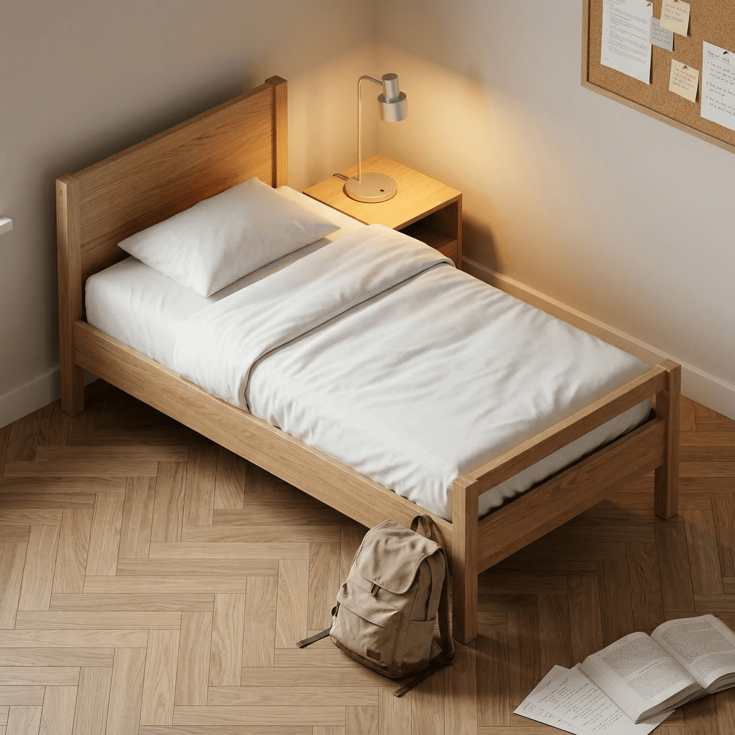 Minimalist student accommodation bedroom with wooden bed, white bedding, and cork bulletin board