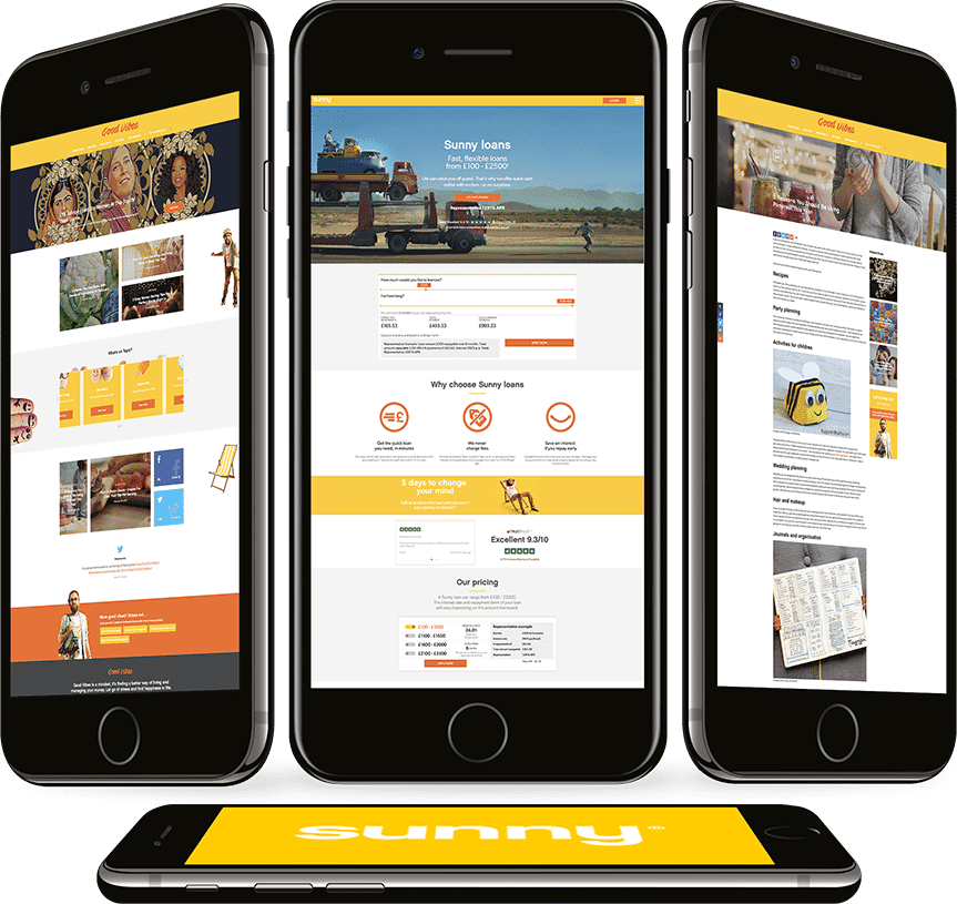 Three smartphones displaying Sunny Loans website design by Salience, showcasing user-friendly interface and loan information.
