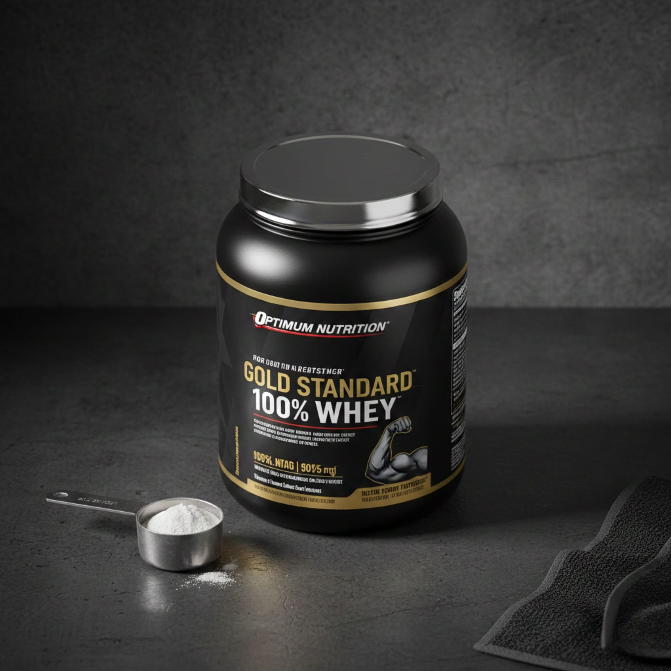 Optimum Nutrition Gold Standard Whey Protein container with a scoop on a dark surface.