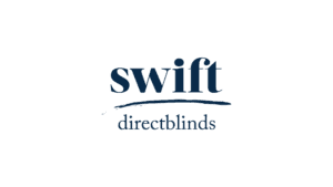 Swift Direct Blinds logo with blue text on a transparent background.