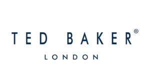 Ted Baker London logo, blue text on white background, branding for fashion marketing.