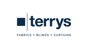 Terrys logo showcasing fabrics, blinds, curtains in bold blue text.