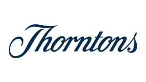 Thorntons logo in dark blue italic text
