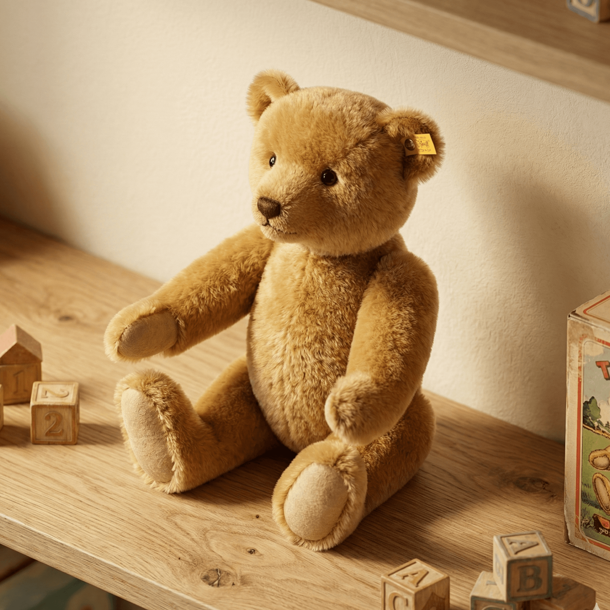 Stuffed teddy bear sitting on a wooden shelf surrounded by toy blocks.