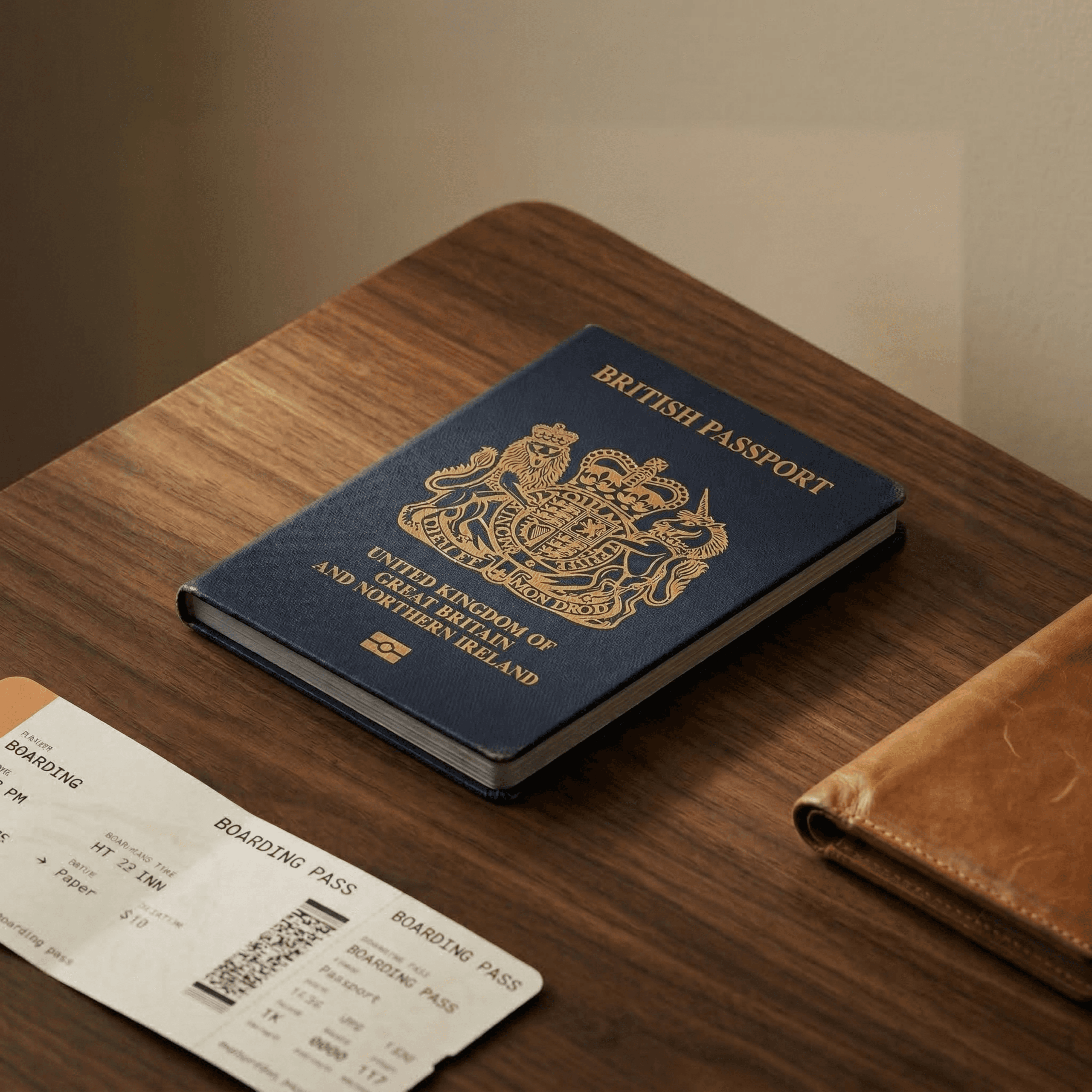 British passport, boarding pass, and wallet illustrating travel booking essentials
