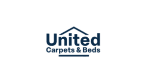 United Carpets & Beds logo with house roof icon in blue.