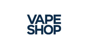 Vape shop logo in bold navy blue letters