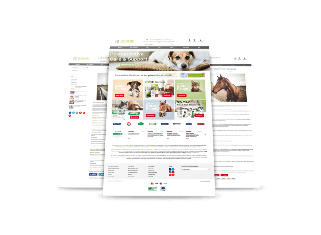 Vet Meds Direct website homepage featuring pet medications and care products.