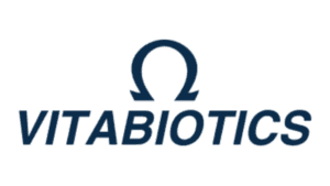 Vitabiotics logo with blue omega symbol and company name in italic text
