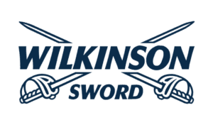 Logo of Wilkinson Sword with crossed swords in dark blue.
