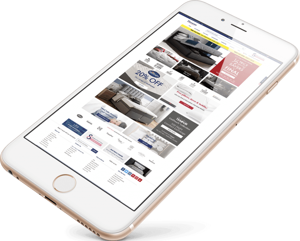 Smartphone displaying an e-commerce website homepage with mattress sale advertisements.