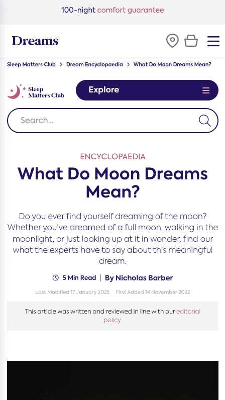 Dreams search tool interface displaying search bar and article about moon dream meanings