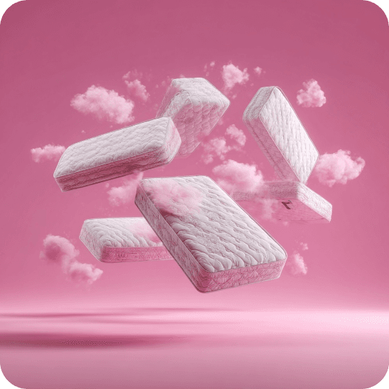 Floating mattresses against a pink background with cloud-like formations, conveying comfort and softness.