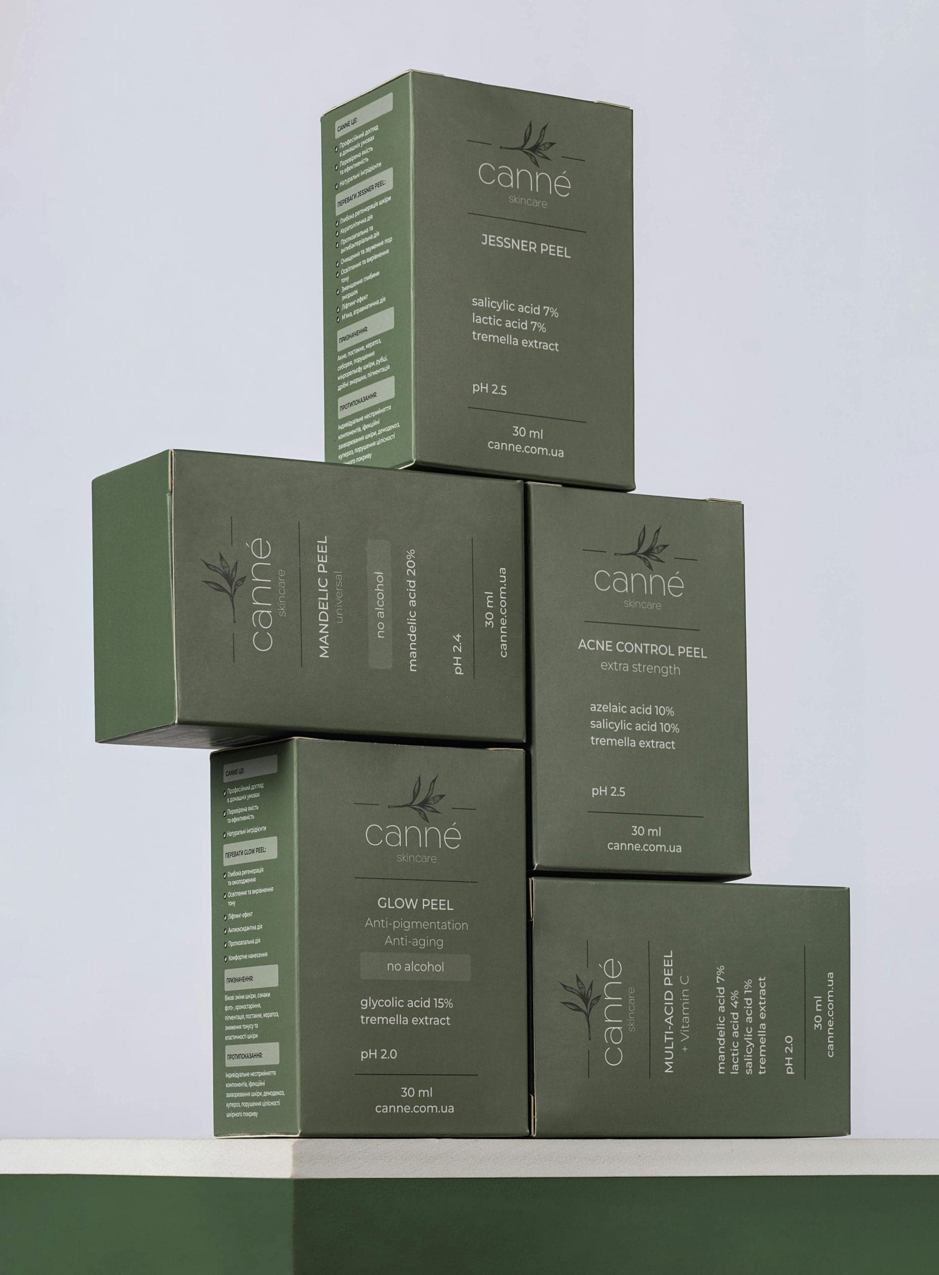 Canned skincare product packaging displayed in a stack, mentioning Jesner Peel and Acne Control Peel.