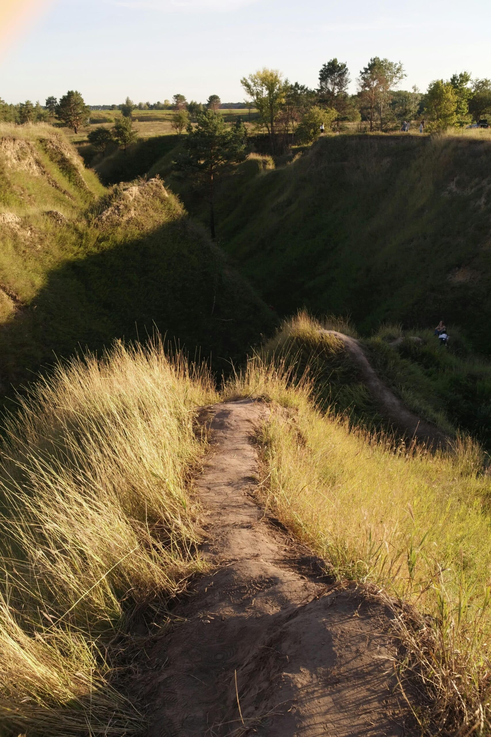 Dirt path winds through deep ravine with golden grass and distant countryside landscape