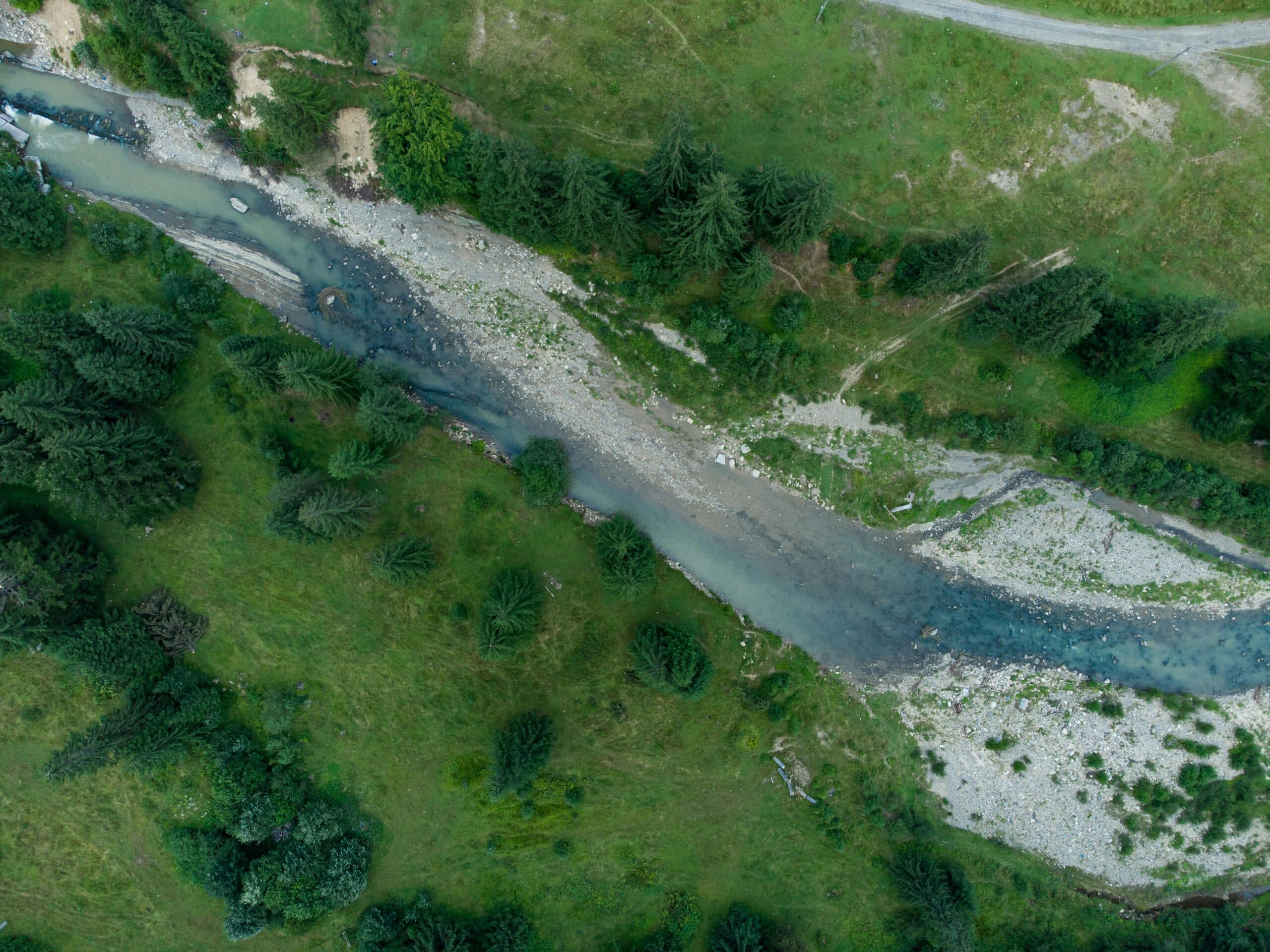 River flowing through forest landscape with white gravel banks and dense green vegetation