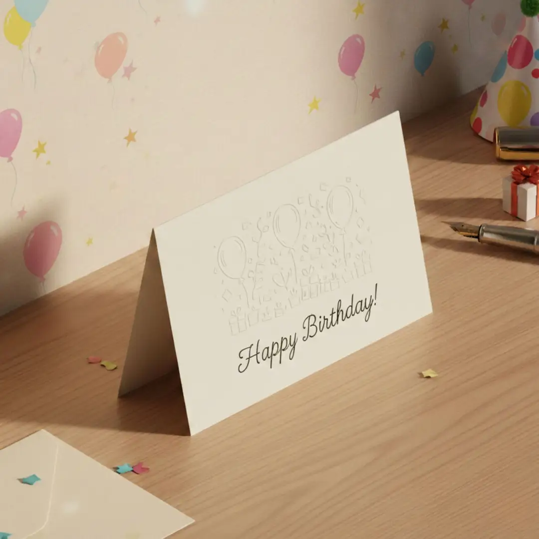 Birthday card on wooden desk with "Happy Birthday!" text, surrounded by festive balloons and decorations.