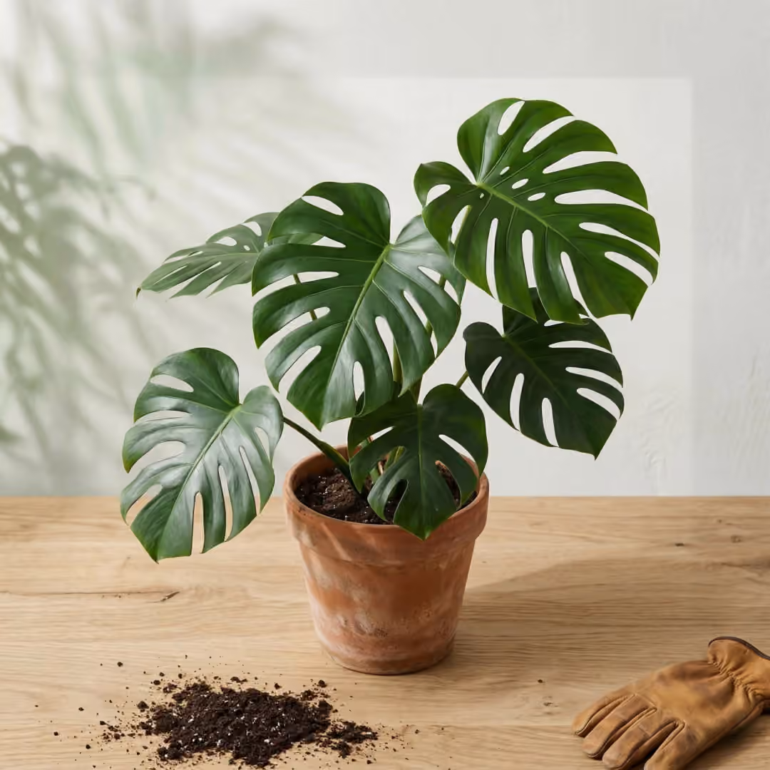 Indoor Monstera plant with split leaves in terracotta pot next to soil and gardening tool