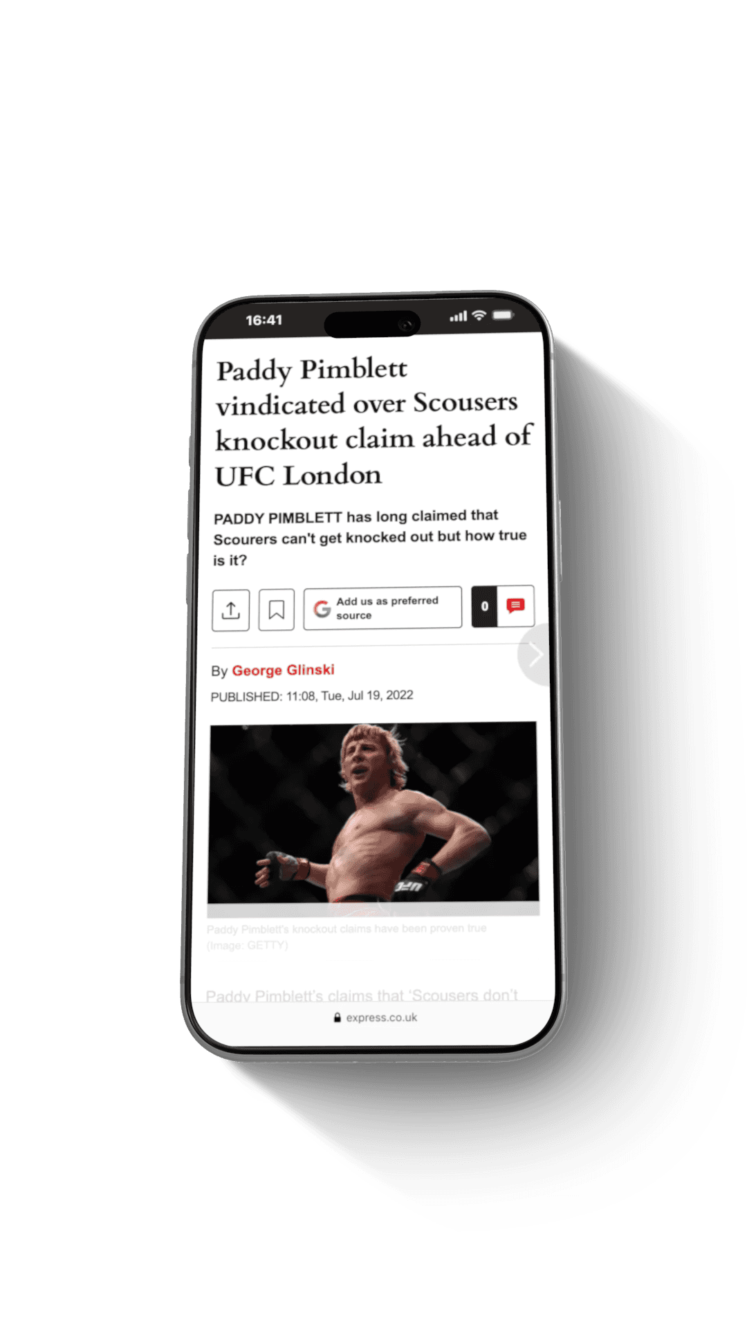 Smartphone displaying sports article about Paddy Pimblett UFC London knockout claim