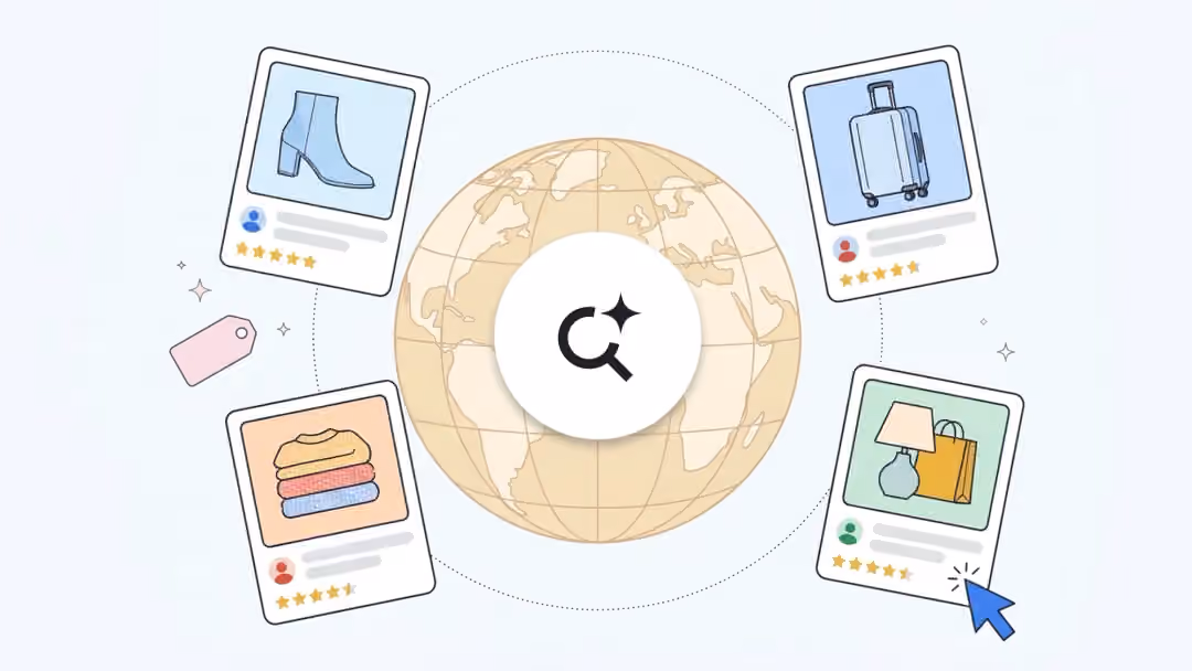 Illustration of shopping product cards around a globe with the Google AI Mode icon