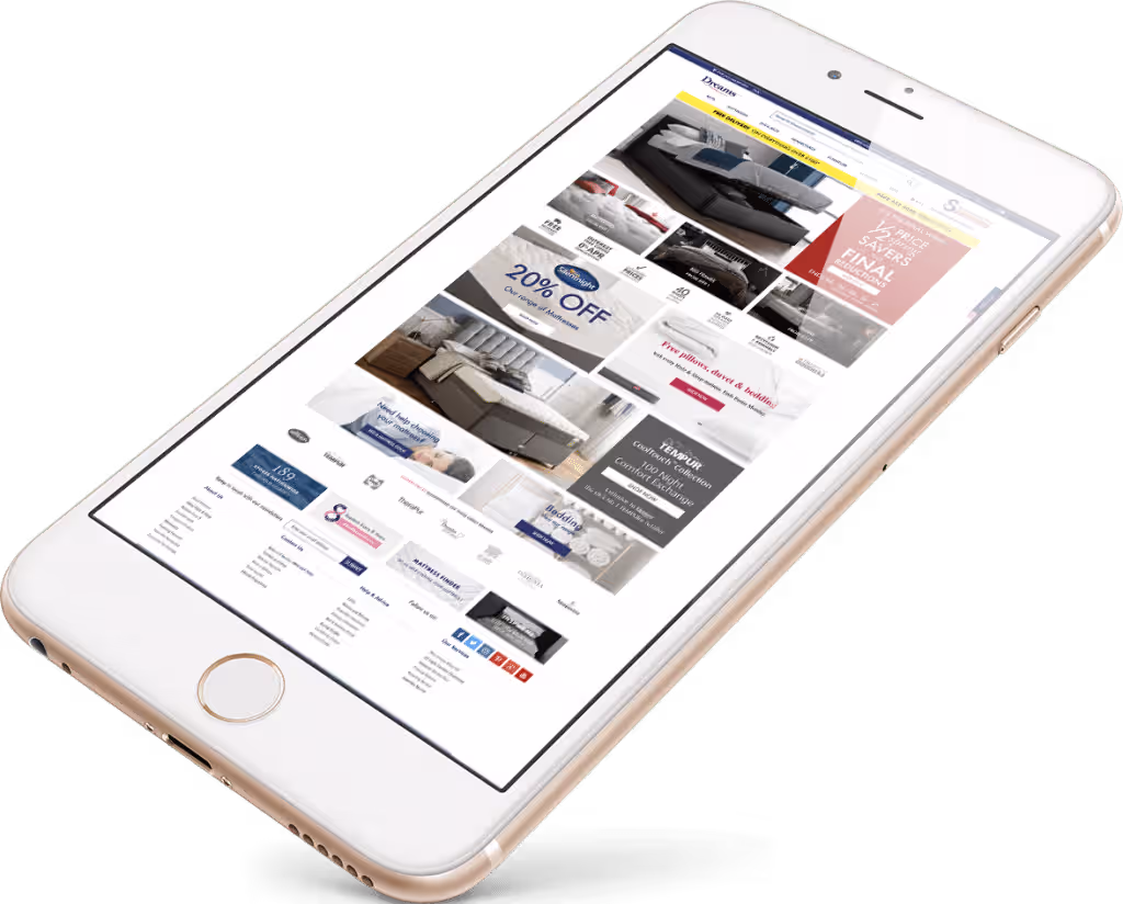 Smartphone displaying an e-commerce website homepage with mattress sale advertisements.