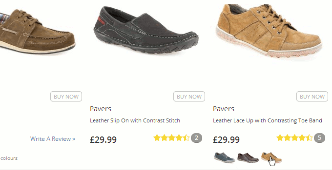 Viewing different shoe colours on a category page