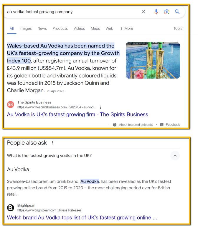 Google search showing Au Vodka as the UK's fastest growing company and vodka brand.