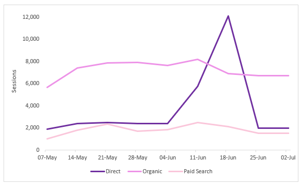 Google Analytics graph showing bot traffic spike