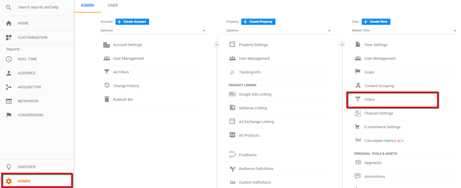 Google Analytics admin filter options screen shot